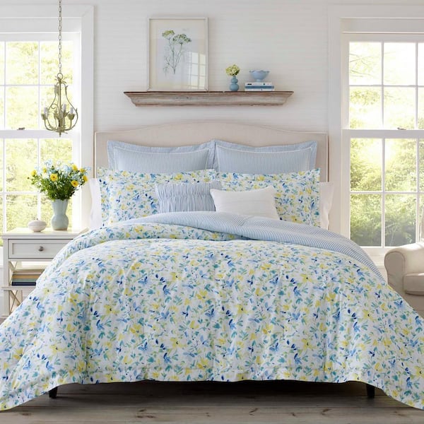 Nora 7-Piece Bright Blue Floral Cotton King Bonus Comforter Set