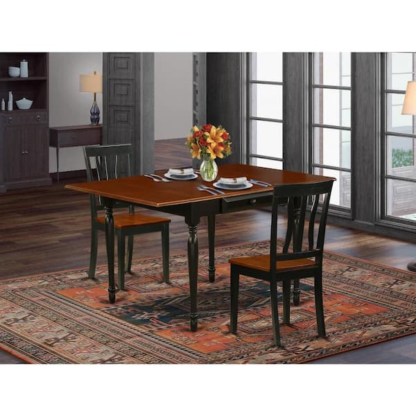 East West Furniture 3-Piece Black and Cherry Finish Solid Wood Top With Dropleaf Dining Table Set