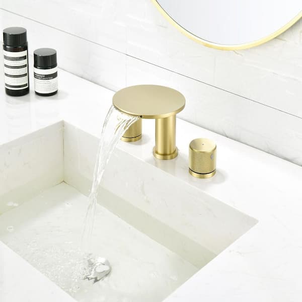 Modern 8 in. Waterfall Widespread 2-Handle Bathroom Faucet 3-Hole Bathroom Sink Faucet in Brushed Gold
