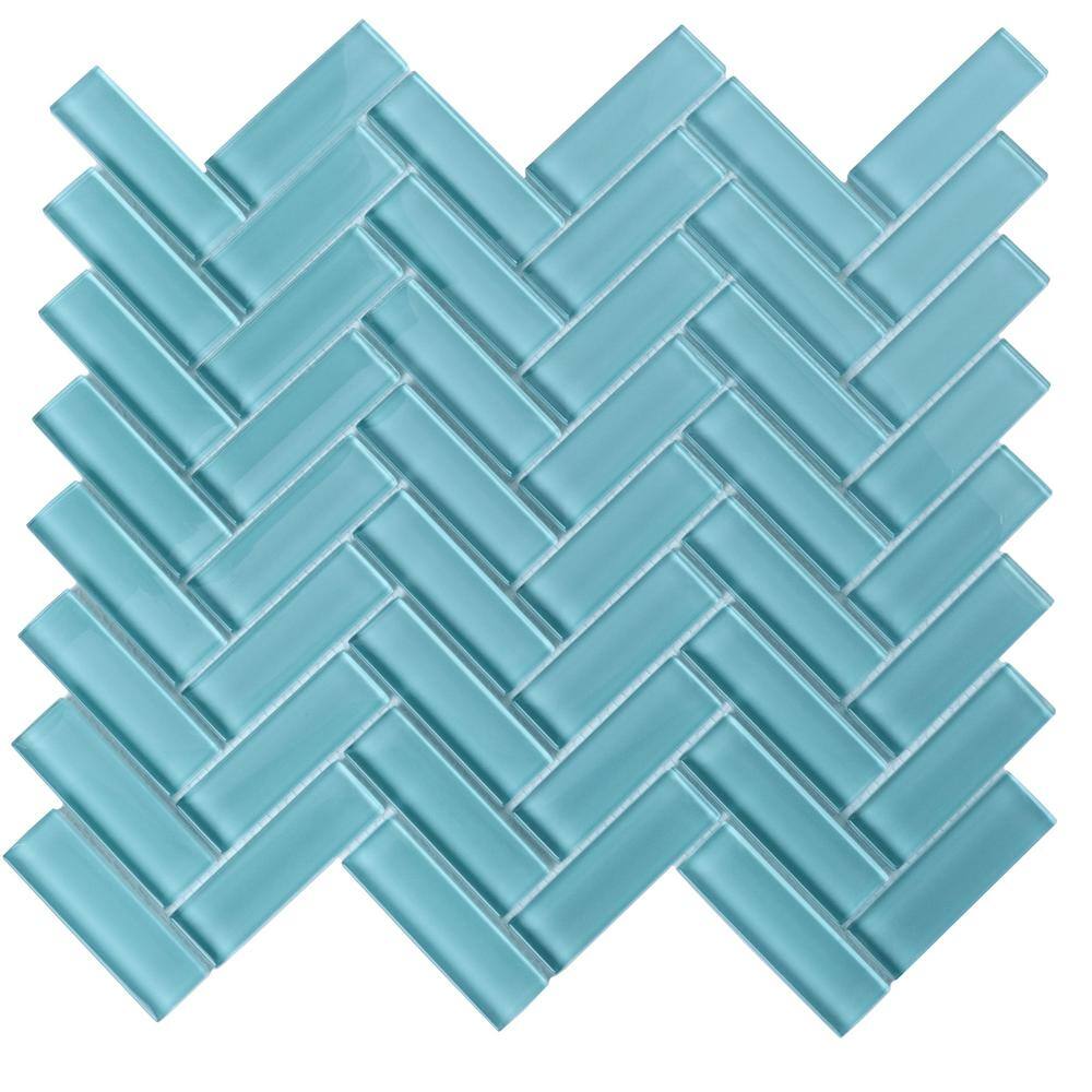 Sky Blue Herringbone Polished Glass Mosaic Tile