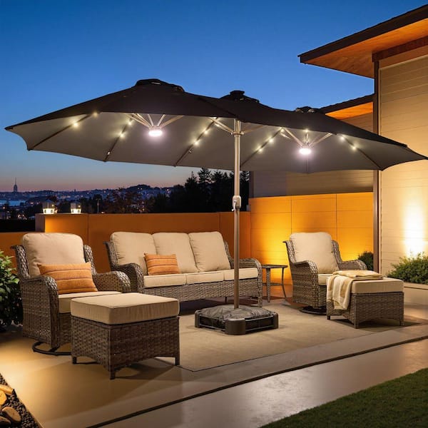 15 ft. x 9 ft. Rectangular Metal Solar LED Double-sided Market Patio Umbrella with Base and Crank in Dark Gray