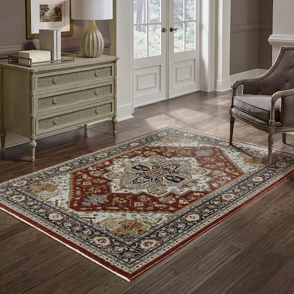 Ambrose Red/Blue 5 ft. x 8 ft. Traditional Oriental Medallion Polyester Fringe Edge Indoor Area Rug