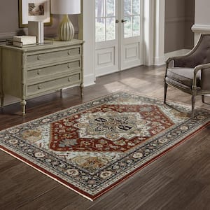 Ambrose Red/Blue 10 ft. x 13 ft. Traditional Oriental Medallion Polyester Fringe Edge Indoor Area Rug