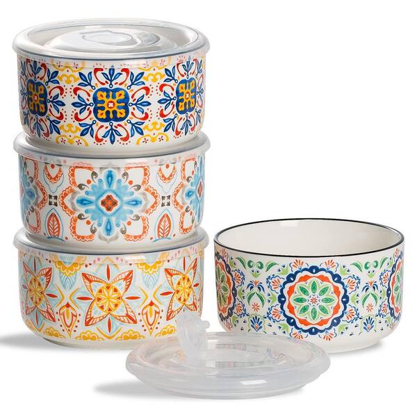White Ceramic Bowls with Lids for Cereal and Meal Prep, 5 in, 20 oz, Set of 4, Microwave Safe Dishwasher Safe