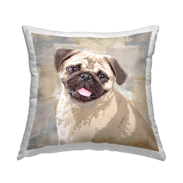 Stupell Industries Happy Pug Dog Beige Grey Patchwork Pattern Beige Square Outdoor Throw Pillow