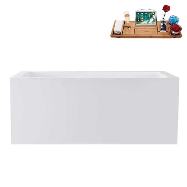 59 in. x 30 in. Acrylic Freestanding Soaking Bathtub in Glossy White with Polished Brass Drain, Bamboo Tray