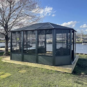 13 ft. x 13 ft. Sunroom Octagonal Solarium Screen Houses with Lockable Sliding Door, Moveable PC Screen, Sloping Roof