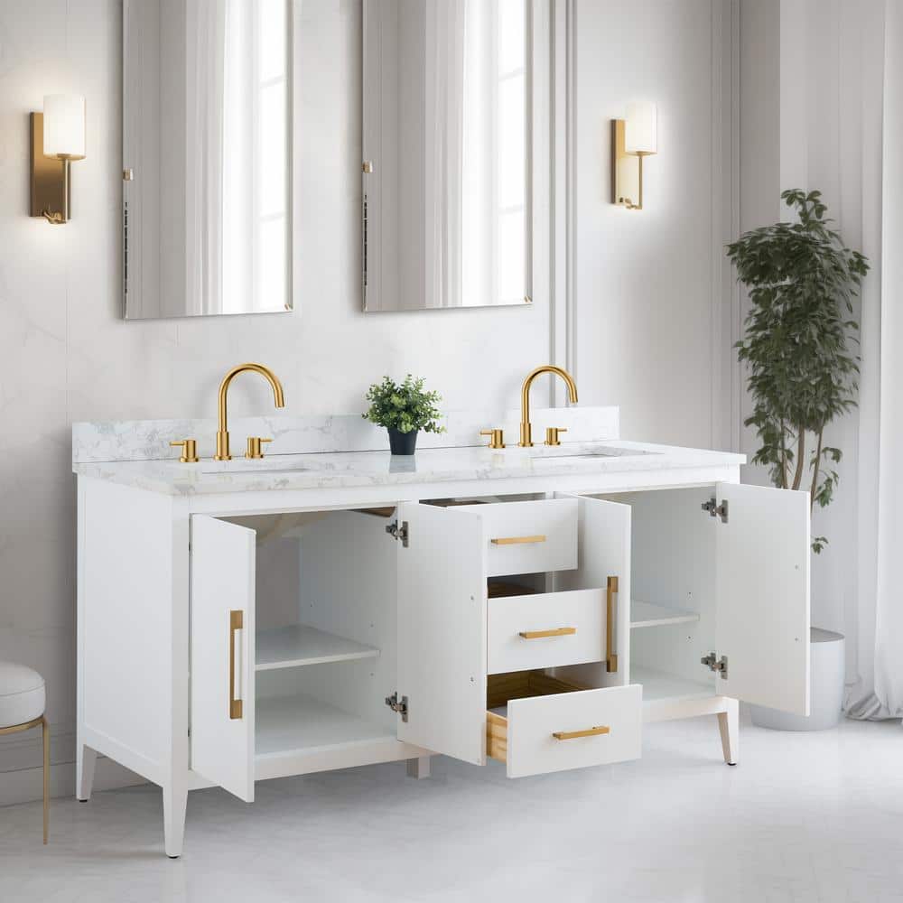 72'' White Poplar Double Sink Bathroom Vanity with Marble Top