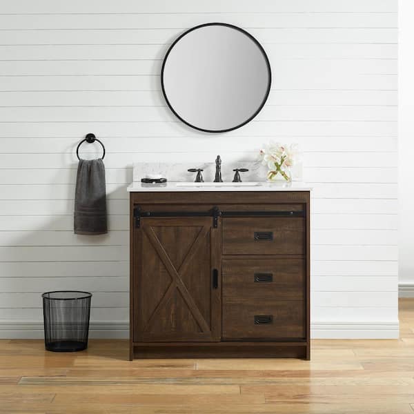 SUDIO Rafter 36 in. W x 22 in. D Bath Vanity in Rustic Brown with Carrara White Engineered Stone Vanity Top with White Sink