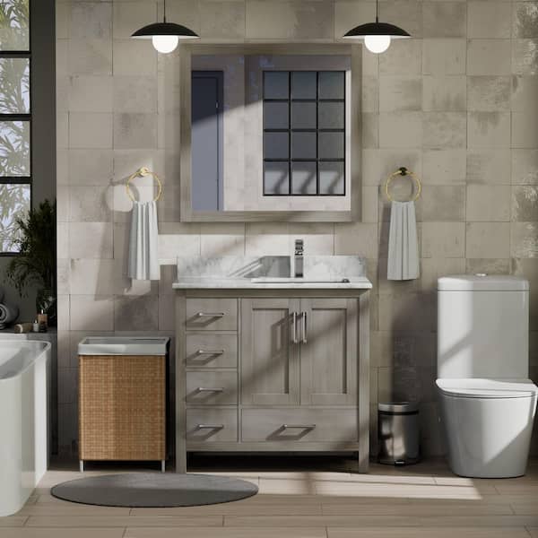 Jacques 36 in. W x 22 in. D Right Offset Distressed Grey Bath Vanity and Carrara Marble Top