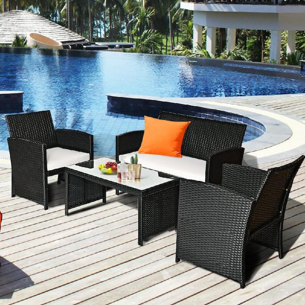 Black 4-Piece Wicker Rattan Patio Conversation Set Garden Lawn Furniture with Beige White Cushions