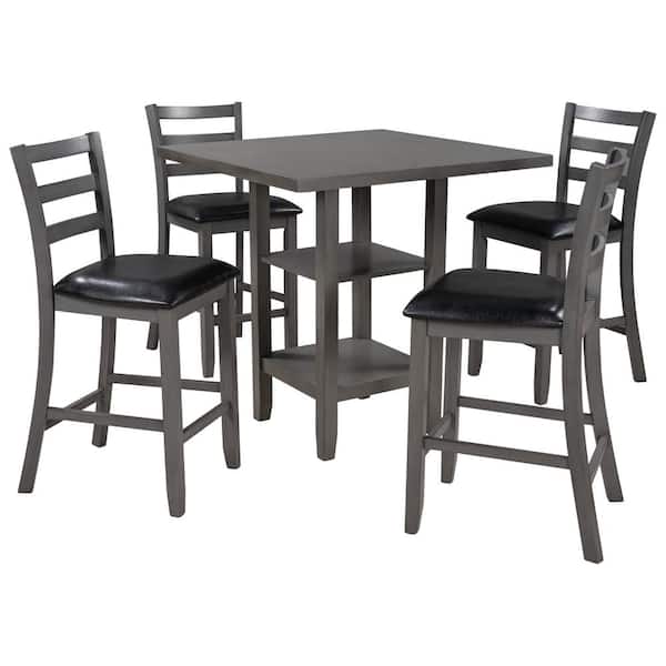 Jasmoder 5 Piece Wooden Counter Height Dining Set Square Table With 2 Tier Storage Shelving And 4 Padded Chairs St000054aae Dining Set Square Table, Square High Tables Kitchen