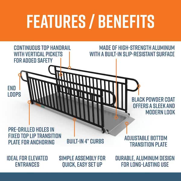 GATEWAY 3G 9 ft. Aluminum Solid Surface Wheelchair Ramp with Black Vertical Picket Handrails