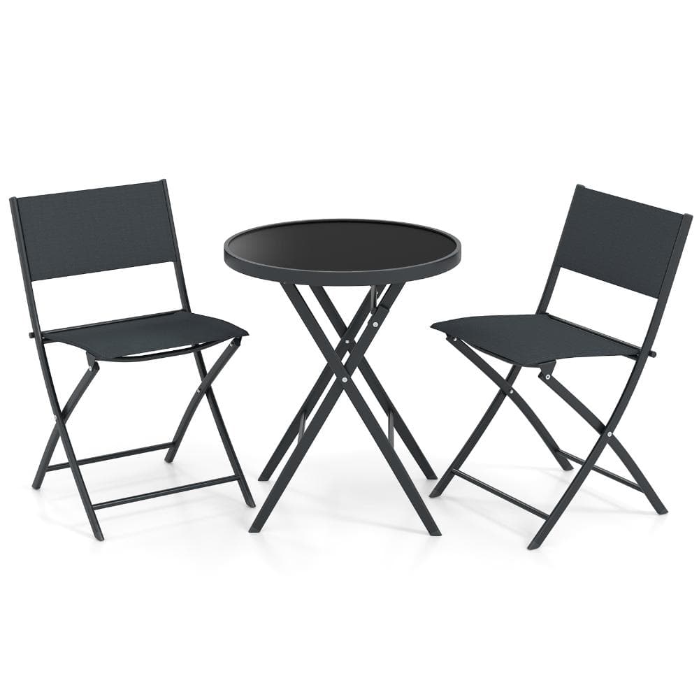 3-Piece Folding Metal Patio Bistro Set with Fabric Chairs and Tempered Glass Table, Black price history on PriceWatchPro