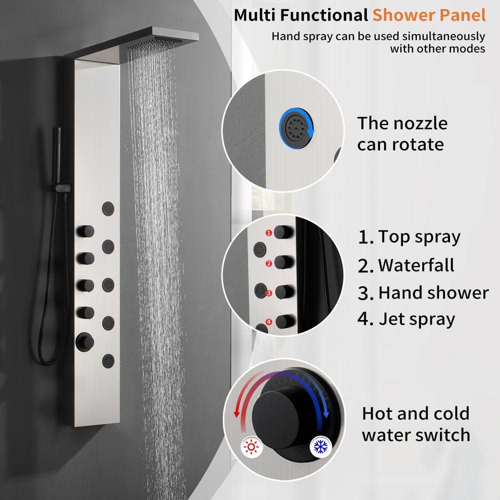 Brushed Nickel 5-Jet Rainfall Shower Panel System with Handheld Wand