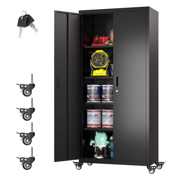 31.5 in. W x 73 in. H x 16 in. D Metal Garage Storage Cabinet with Wheels, Lockable Steel Freestanding Cabinet in Black