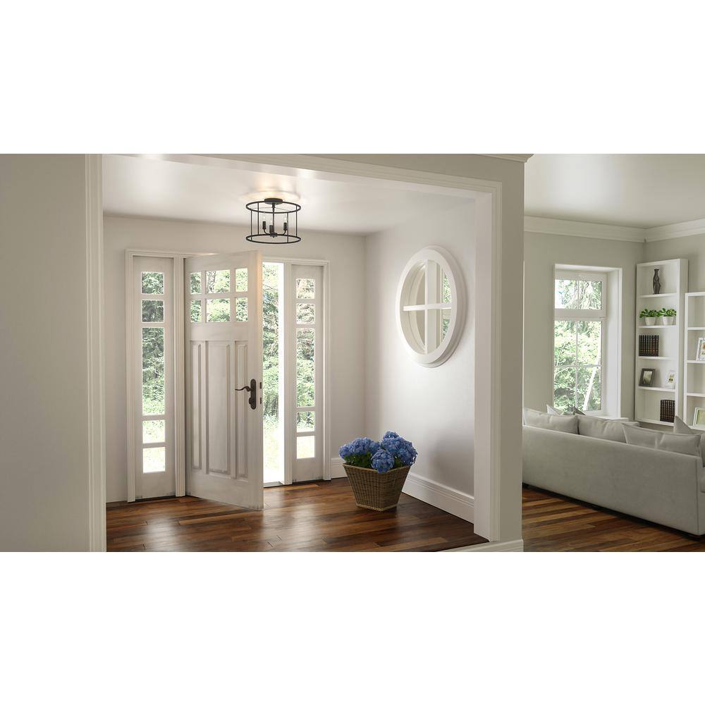 Abner Matte Black 14" Transitional Semi-Flush Mount with Hammered Glass