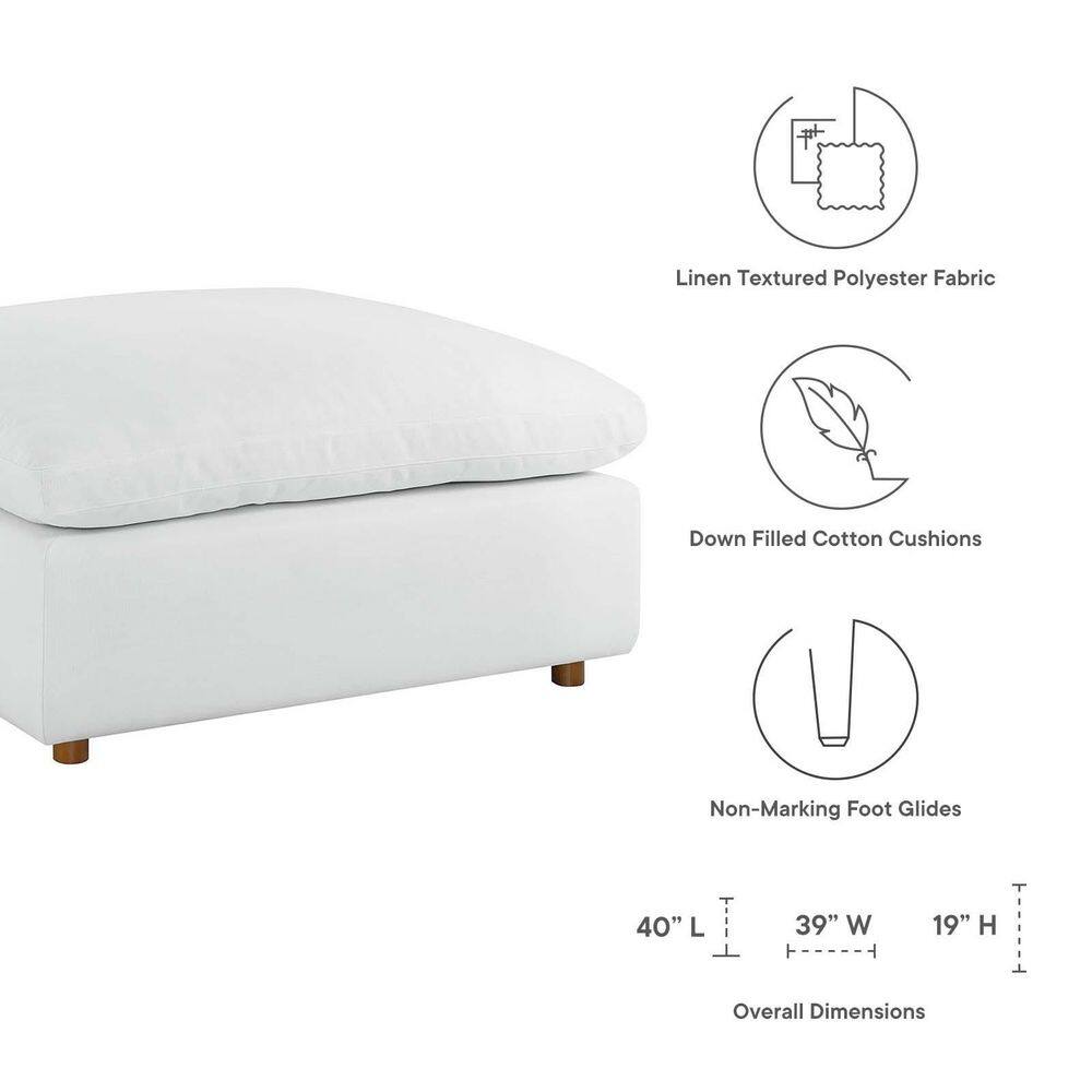 Pure White Down-Filled Overstuffed Ottoman with Linen Texture