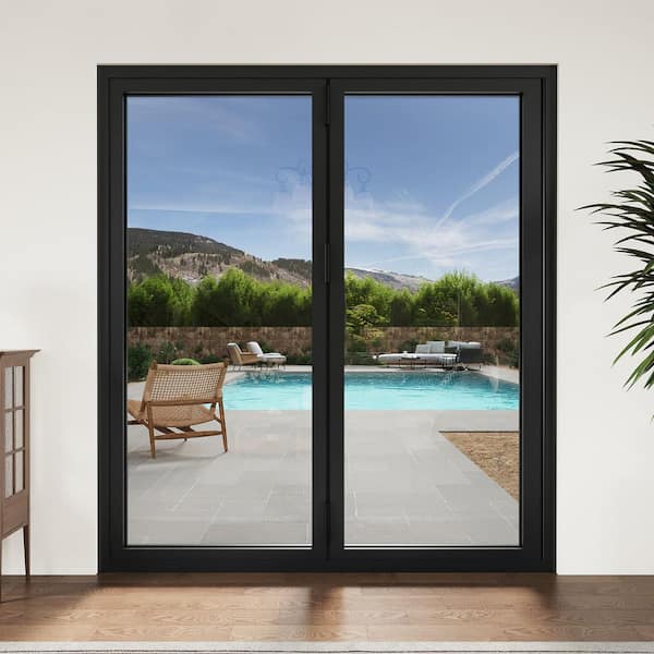 72 in. x 80 in. Right Swing/OutSwing Double Tempered Glass Black Aluminum Folding Patio Door (2-Folding)
