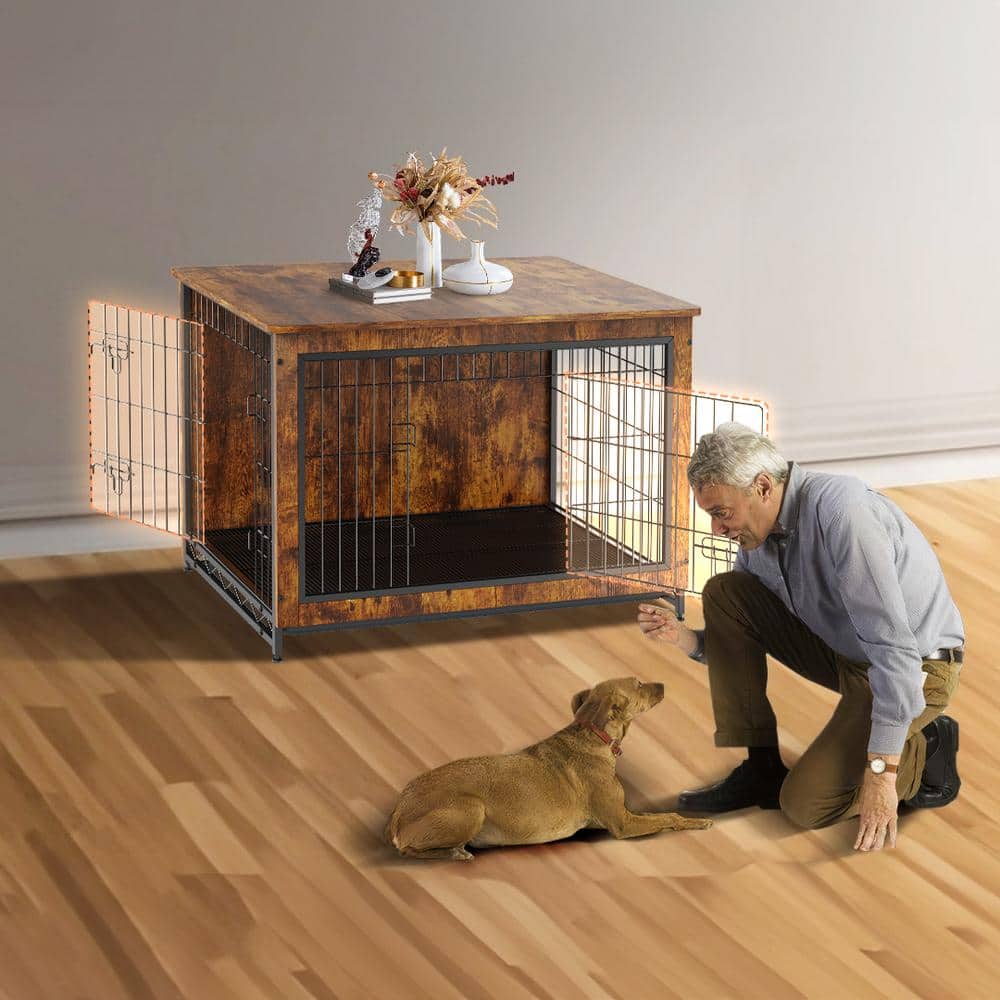 Rustic Brown Rolling Wooden Pet Crate Table