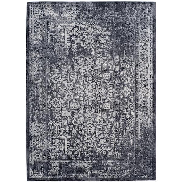 Evoke 6 ft. x 8 ft. Black/Gray Distressed Border Medallion Area Rug