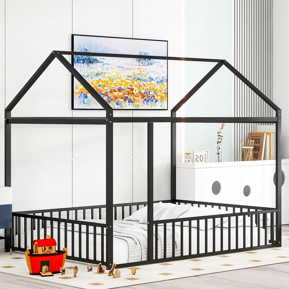 Harper & Bright Designs Black Full Size Metal House Bed Floor Bed with ...