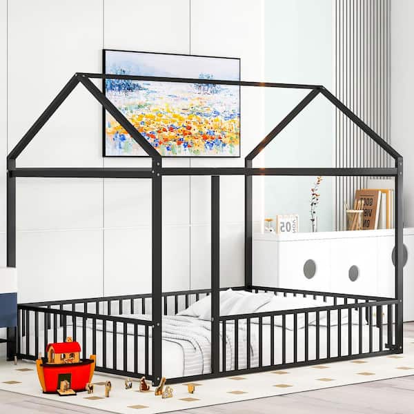 Harper & Bright Designs Black Full Size Metal House Bed Floor Bed with Fence Guardrails