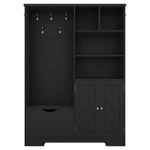 Black Hall Tree with Storage Shelves, Drawer and Cabinet Wooden Coat Rack with Hooks and Bench for Hallway Entryway