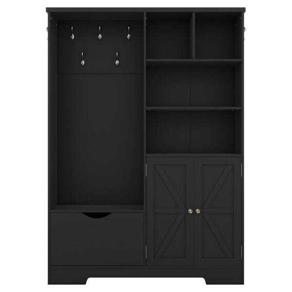 URTR Black Hall Tree With Storage Shelves, Drawer And Cabinet Wooden ...