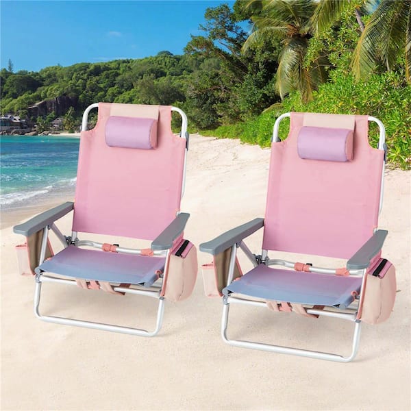 Pink Aluminum Folding Backpack Beach Chair with Storage Bag(Set of 2)