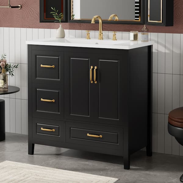 36 in. W Single Sink Freestanding Black Bath Vanity with White Resin Top and Soft-Close Door Unassembled
