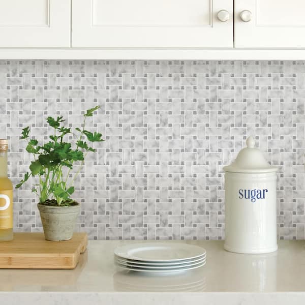 Basketweave 10 in. x 10 in. Off White Carrara Peel and Stick Backsplash Tiles