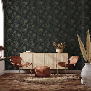 Peonies Black and Gold Removable Peel and Stick Vinyl Wallpaper 28 sq. ft.