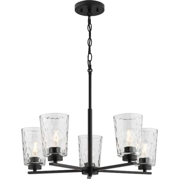 Progress Lighting Mauzy Collection 5-Light Matte Black Transitional Linear Chandelier with Clear Water Glass Shade for Dining Room
