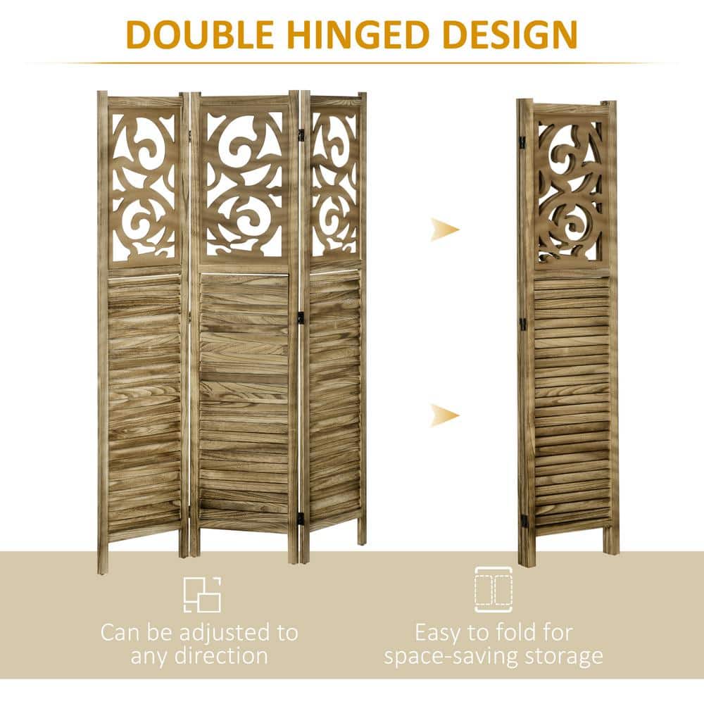 Brown Wood 3-Panel Folding Room Divider with Floral Design