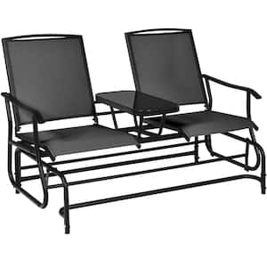 Patio Metal 2-Person Glider Rocking Char Loveseat Garden w/Tempered Glass Table Black