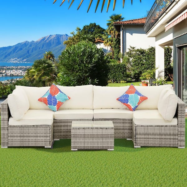 JUSKYS Gray Wicker 7-Piece Modular Outdoor Sectional Patio Furniture Conversation Set w/Beige Cushions 6-Chairs 1-Coffee Table
