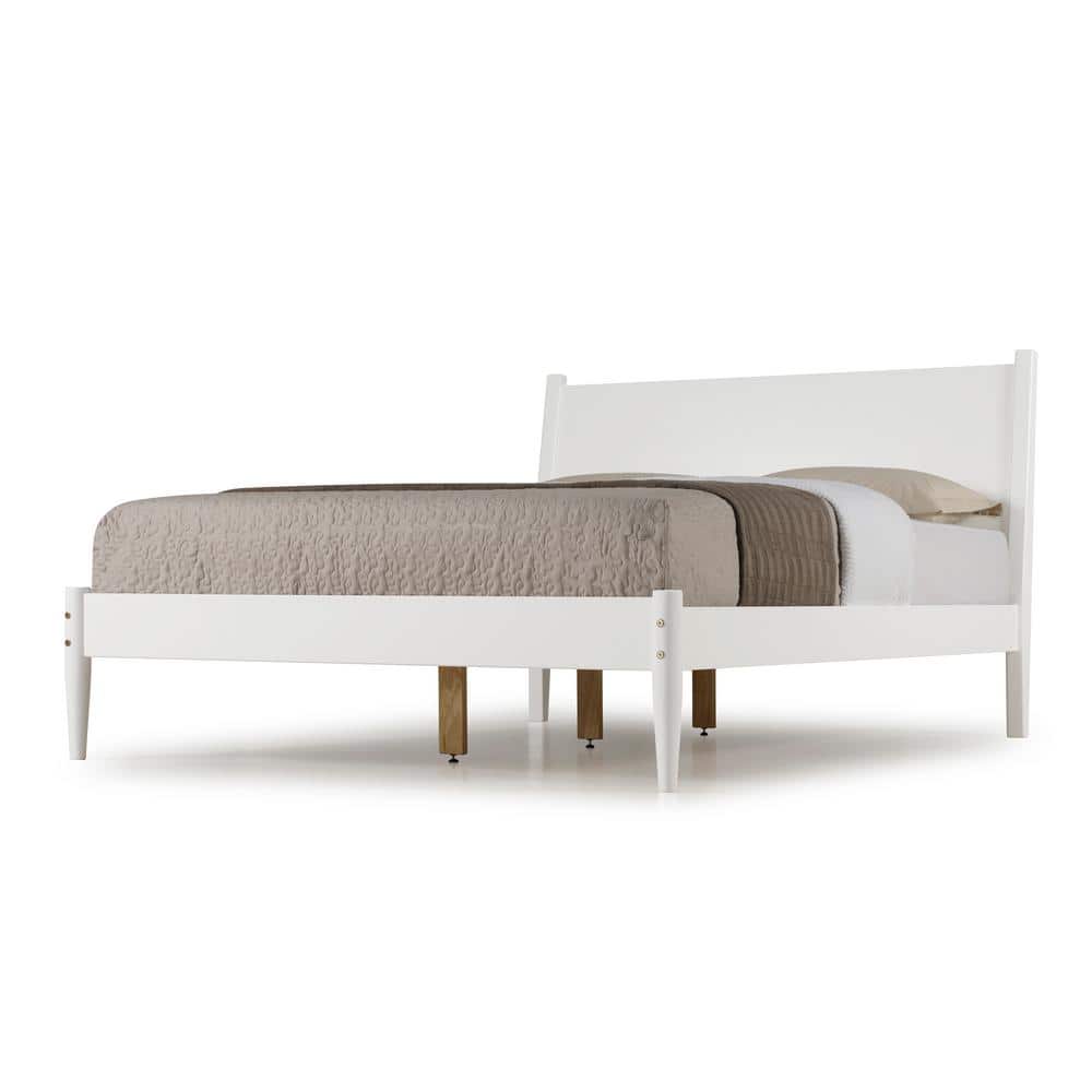 Elegant Pine Wood Queen Bed with Sleek Mid-Century Design in White