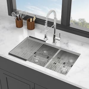 30 in. Undermount Double Bowl(60/40) 16-Gauge Brushed Nickel Stainless Steel Kitchen Sink with Bottom Grids