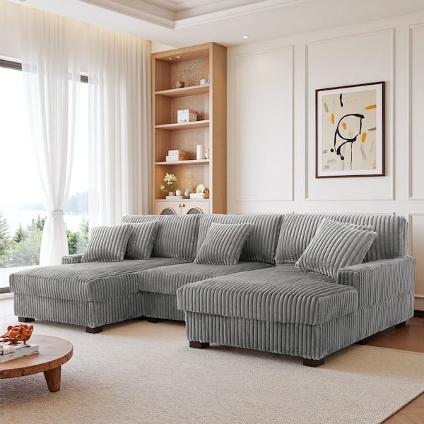 118.31 in. W Square Arm 3-piece Faux Rabbit Fur Fabric Upholstered U-Shaped Modular Sectional Sofa in Light Gray
