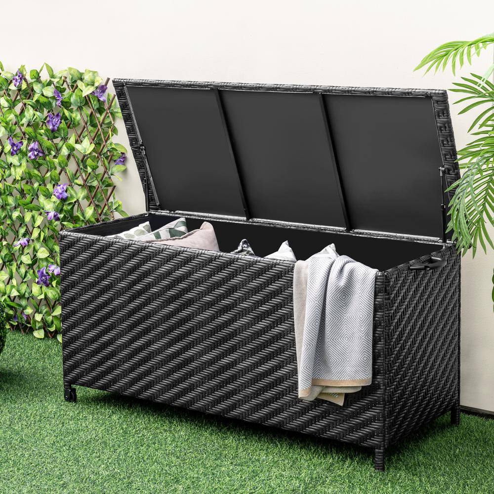 Black Wicker Outdoor Deck Storage Box with Wheels