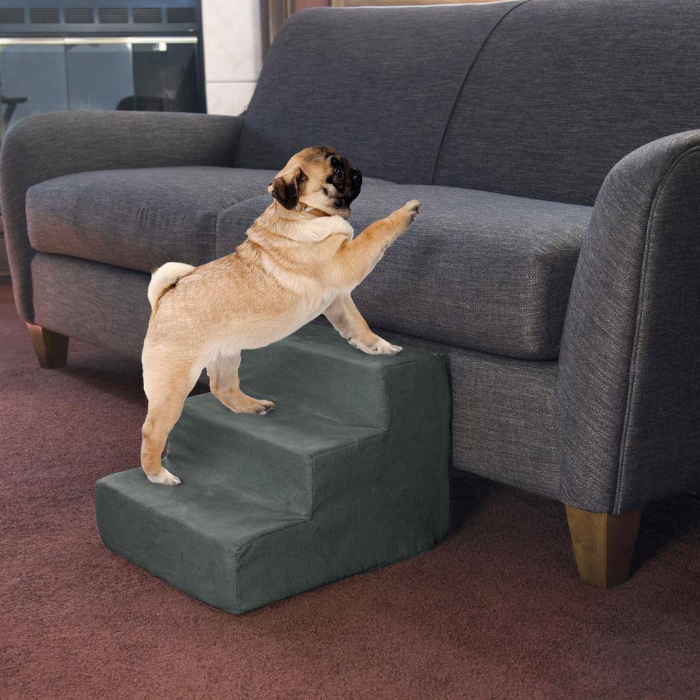 Gray 3-Step Foam Pet Stairs with Microfiber Cover