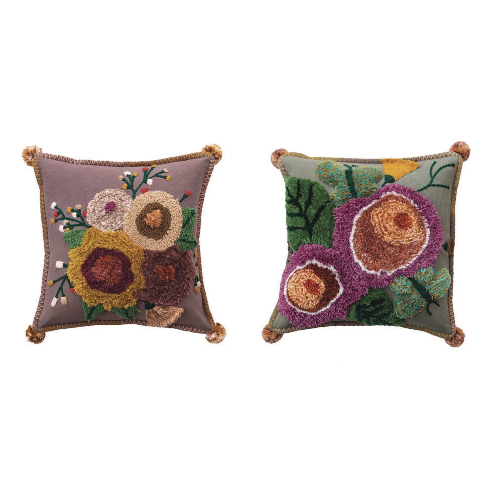 Embroidered Multicolor Floral Cotton Square Throw Pillows Set