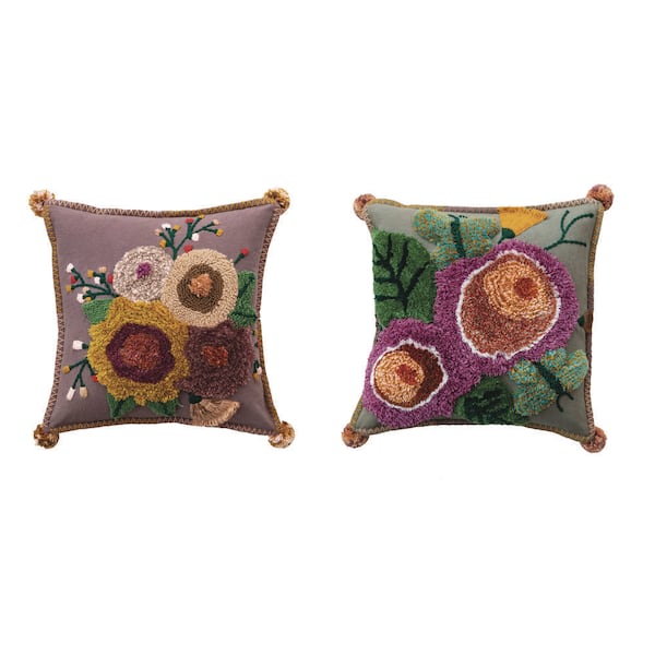 Storied Home Multicolor Polyester 18 in. x 18 in. Embroidered Tufted Throw Pillow