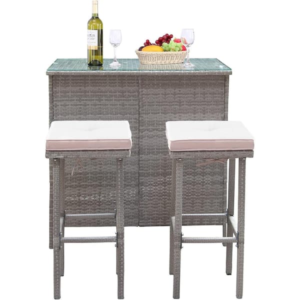 VIWAT 3-Piece Wicker Outdoor Serving Bar Set with Beige Cushions