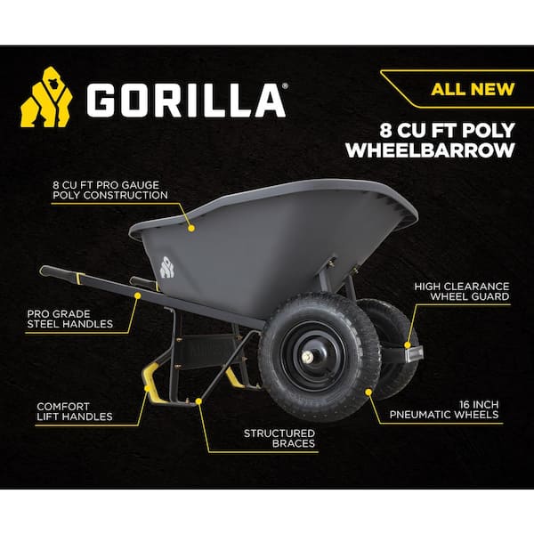 Gorilla 8 cu. ft. Dual Wheel Wheelbarrow Pro Grade Poly Bucket