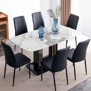 7-Piece Rectangular White Faux Marble Top Dining Table Set Seats 6-8 with Convertible Base, 6 Black Upholstered Chairs