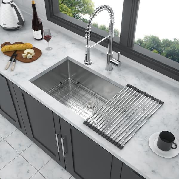 Unbranded 33 in. Undermount Single Bowl 16 Gauge Brushed Nickel Stainless Steel Kitchen Sink with Bottom Grids