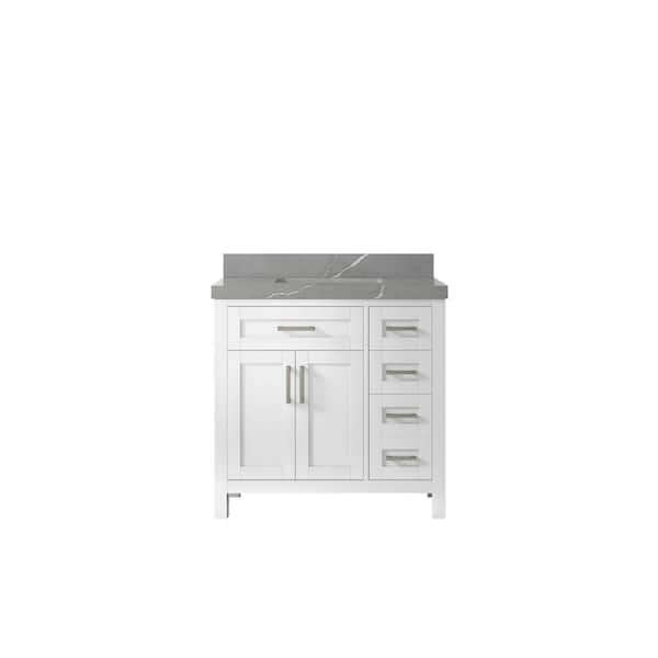 Willow Collections Cambridge 36 in. W x 22 in. D x 36 in. H Center Sink Bath Vanity in White with 2 in. Piatra Gray Quartz Top