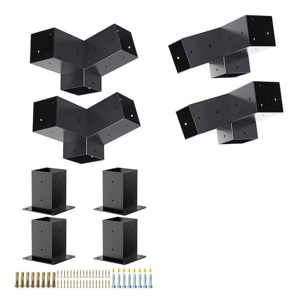 4x4 Slanted Roof Pergola Bracket Kit, 3-Way Right Angle Corner Brackets with Post Base for Outdoor Structures